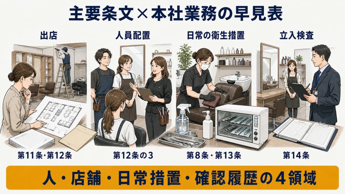 美容師法の主要条文と多店舗本社の管理領域を整理した早見図