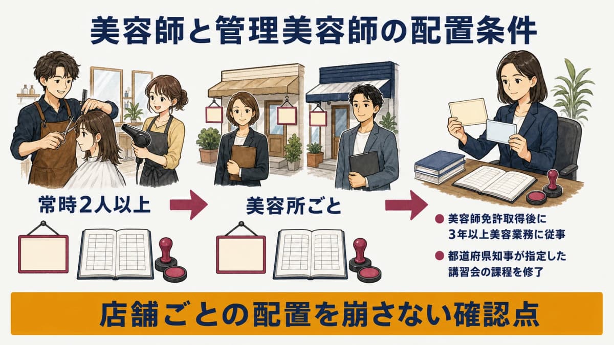 管理美容師の配置条件と店舗単位の確認方法を示す図