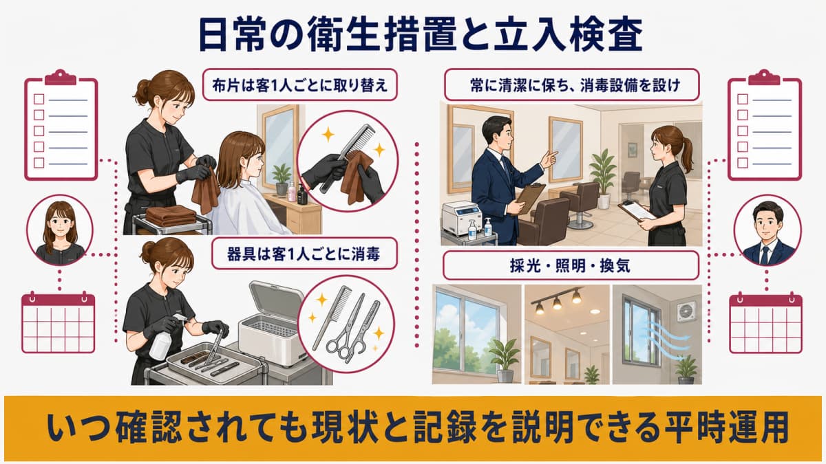 日常の衛生措置と立入検査で確認される関係を示す図