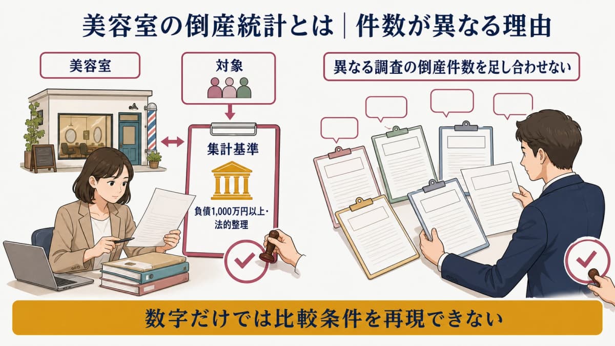 美容室倒産統計の対象と集計基準を示した図