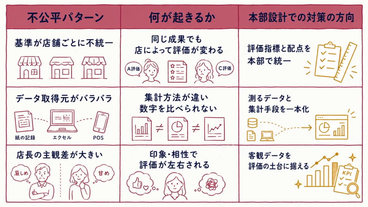 3大不公平パターン早見表(基準不統一・データ取得元バラバラ・店長の主観差)