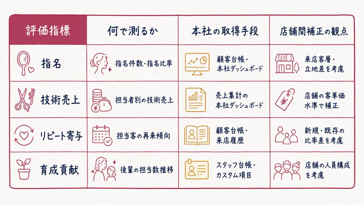 評価指標×データソース対応表(指名・技術売上・リピート寄与・育成貢献)
