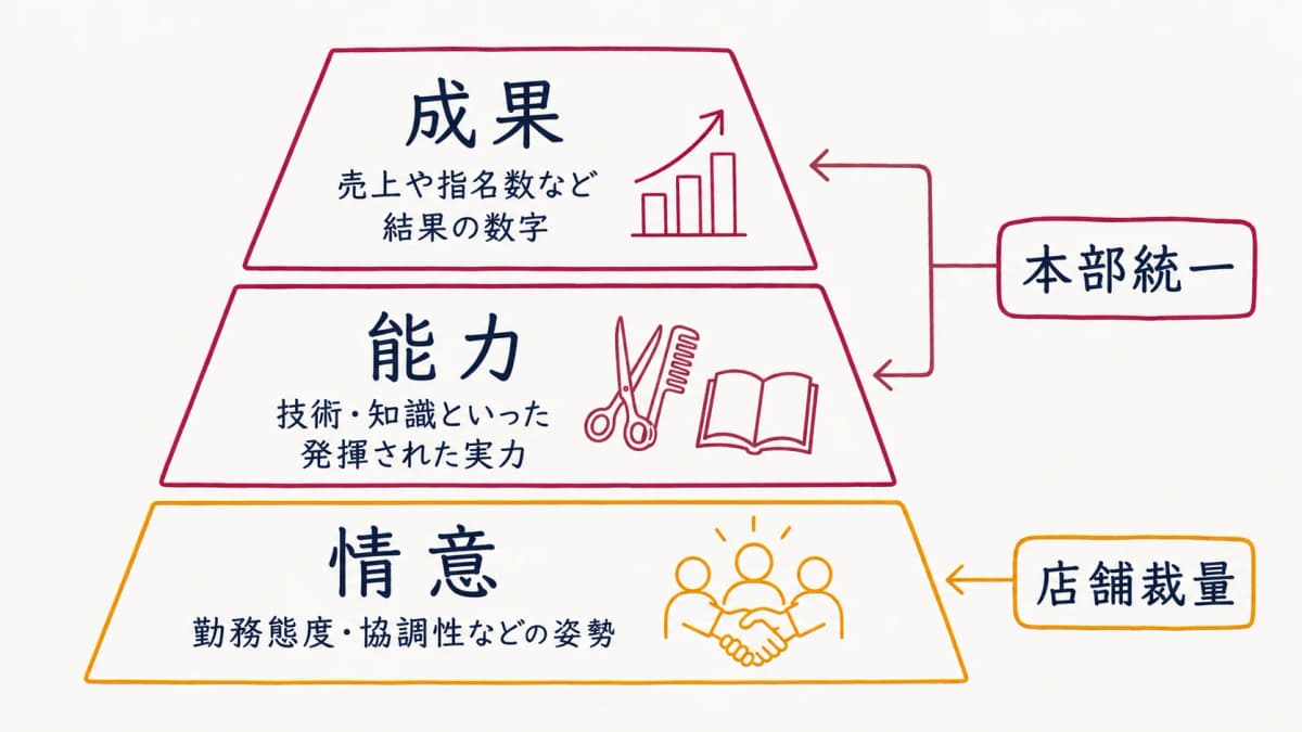 成果・能力・情意の3軸ピラミッド(本部統一と店舗裁量を色分け)