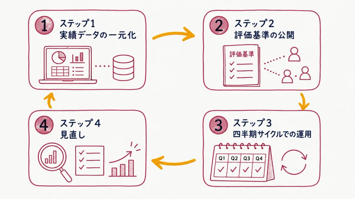 本部主導の評価制度を回す運用4ステップ図