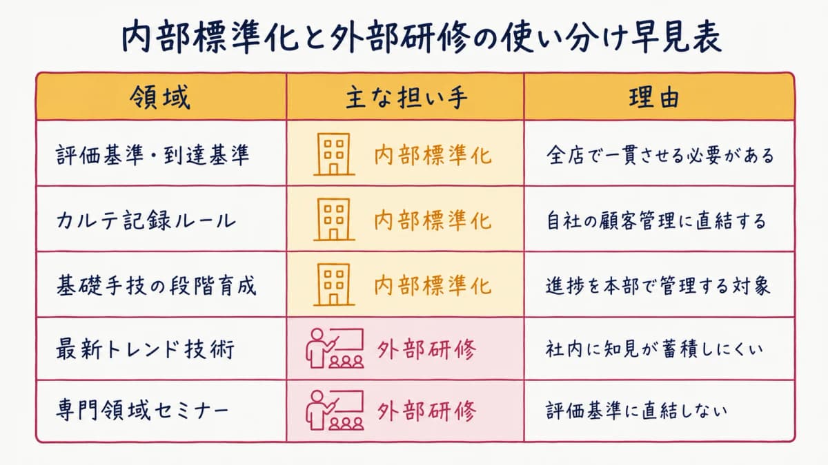 評価基準は内部標準化、最新技術は外部研修と役割分担する使い分け早見表の図