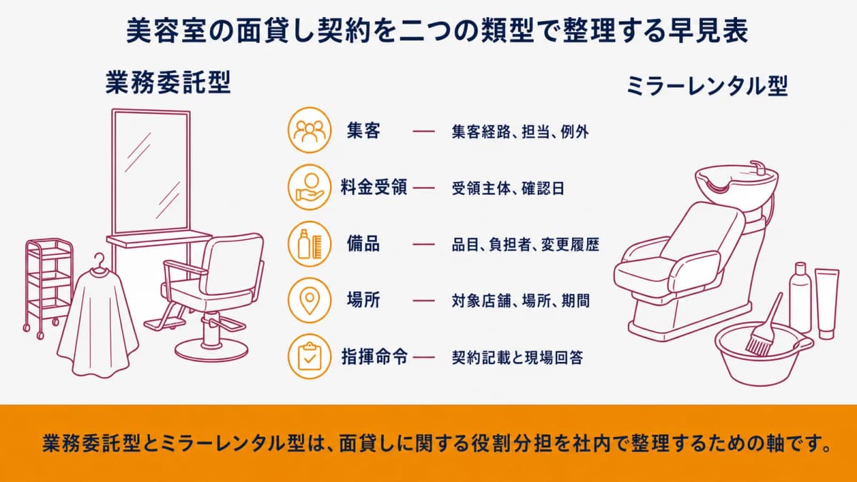 美容室の面貸し契約を二つの類型で整理する早見表