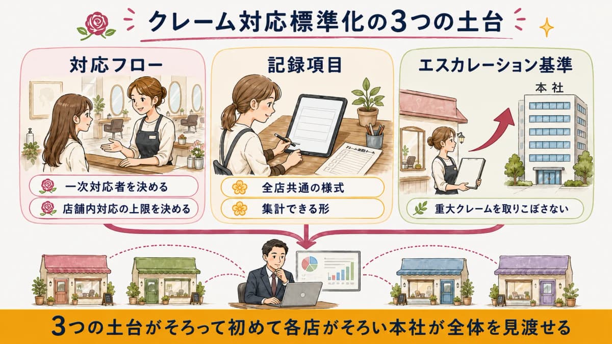 クレーム種別×対応フロー×エスカレーション基準の全体像を示す早見表