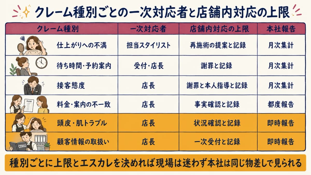 クレーム種別ごとの一次対応者と店舗内対応上限を示す早見表