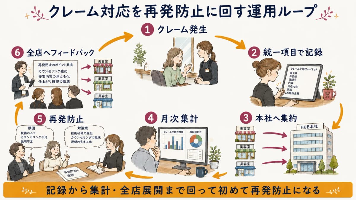 発生から記録・集約・集計・再発防止・全店フィードバックまでの運用ループ図