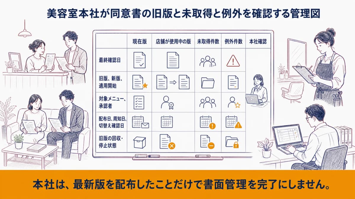 美容室本社が同意書の旧版と未取得と例外を確認する管理図