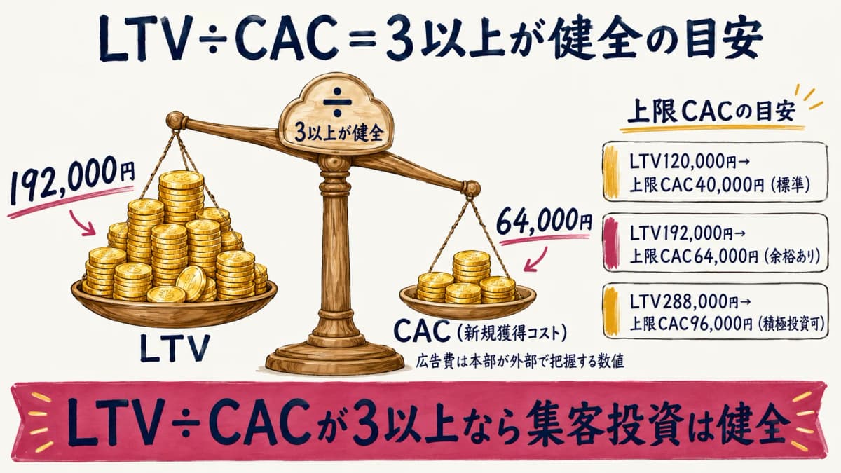 LTVがCACの何倍かを比べる天秤の概念図。CAC側に「広告費は本部が外部で把握する数値」と注記