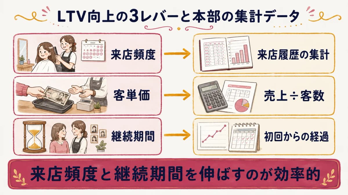 LTV向上の3レバー(来店頻度・客単価・継続期間)と対応する本部集計データを矢印で結んだマップ