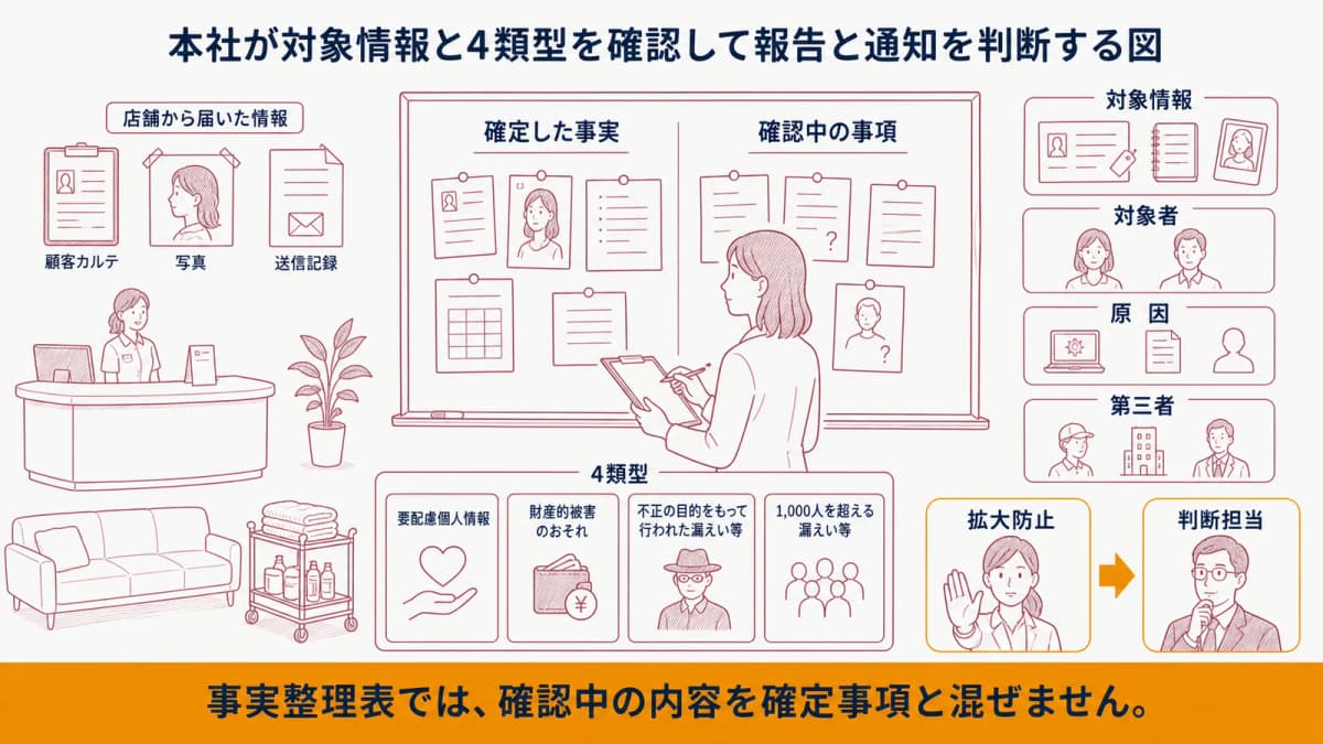 本社が対象情報と4類型を確認して報告と通知を判断する図