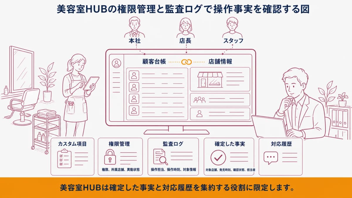 美容室HUBの権限管理と監査ログで操作事実を確認する図