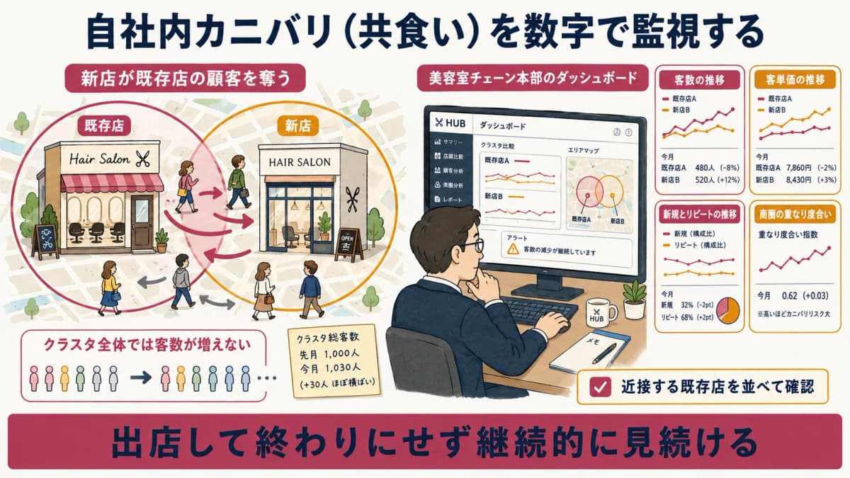 自社内カニバリの発生イメージと本部が監視する指標を示した図