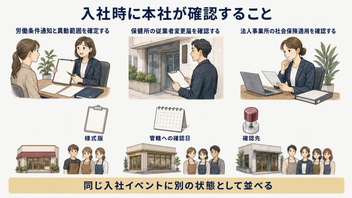 入社時に労働条件保健所社会保険を分けて確認する図