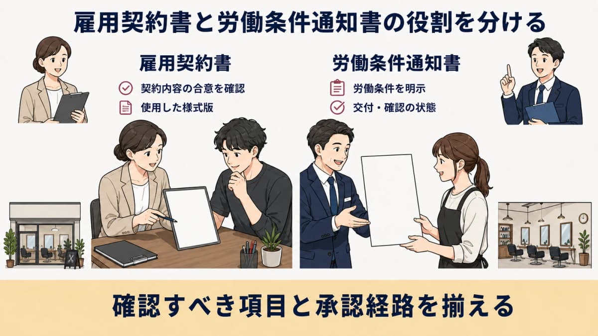 雇用契約書と労働条件通知書の役割を本社向けに整理した早見図