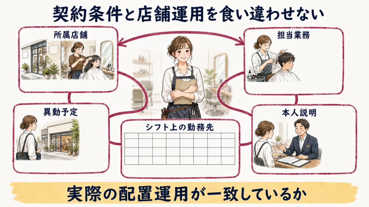 契約条件と所属店舗や異動運用を対応づける図
