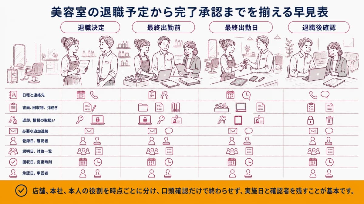 美容室の退職予定から完了承認までを揃える早見表