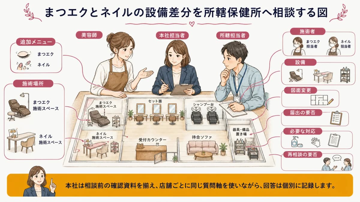 まつエクとネイルの設備差分を所轄保健所へ相談する図
