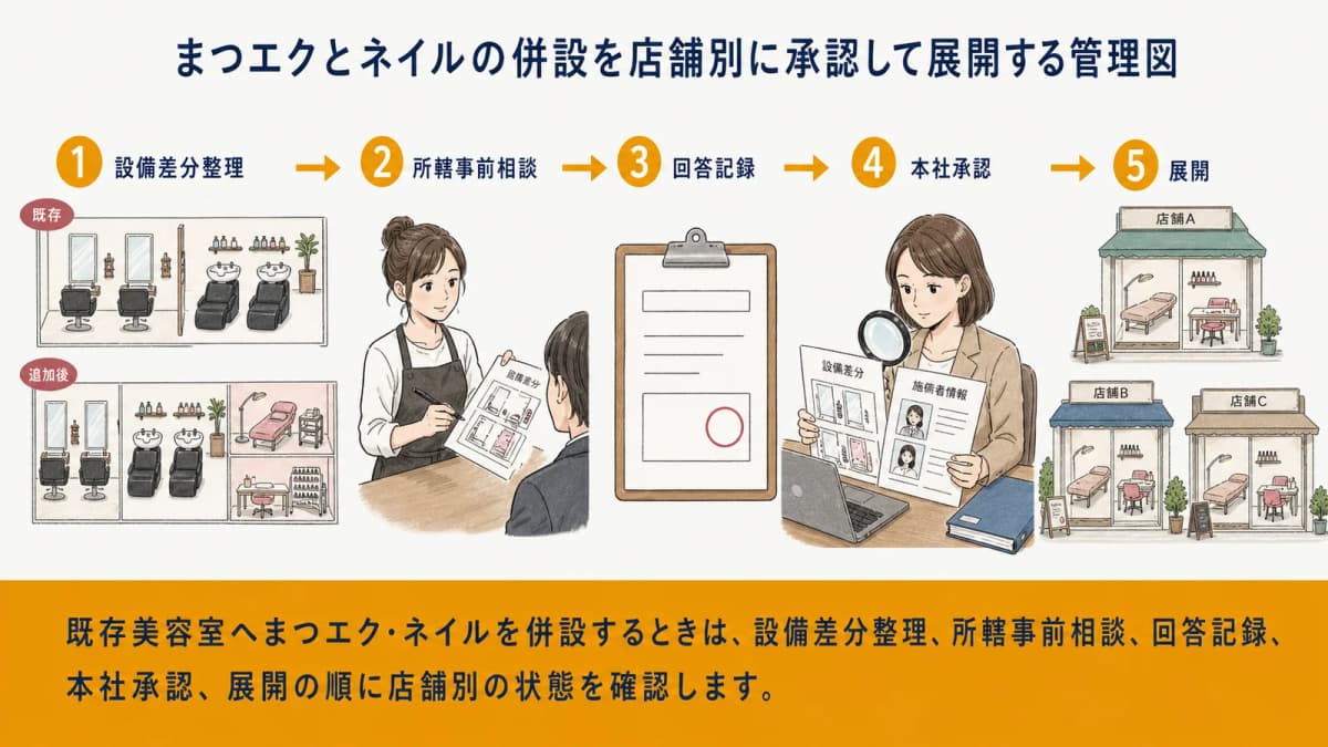まつエクとネイルの併設を店舗別に承認して展開する管理図