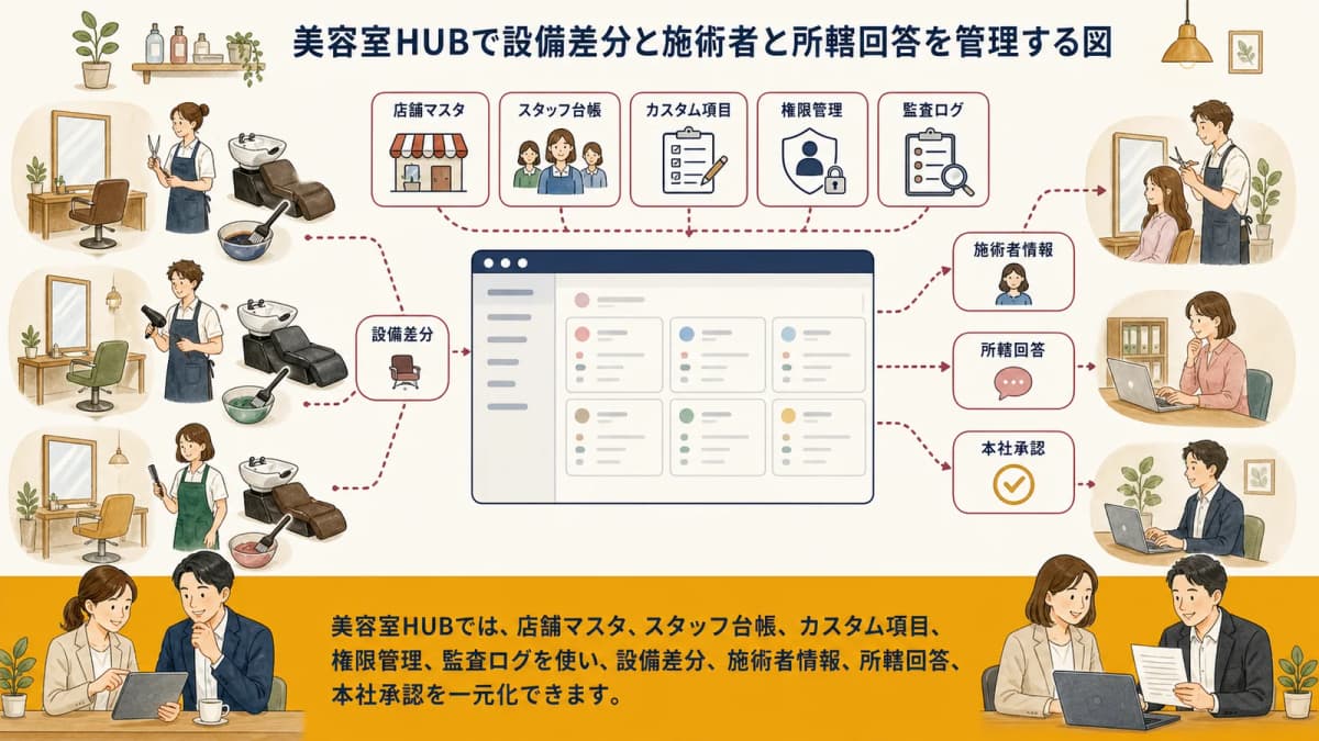 美容室HUBで設備差分と施術者と所轄回答を管理する図
