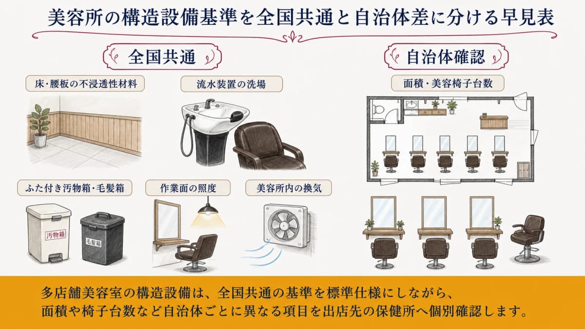 美容所の構造設備基準を全国共通と自治体差に分ける早見表
