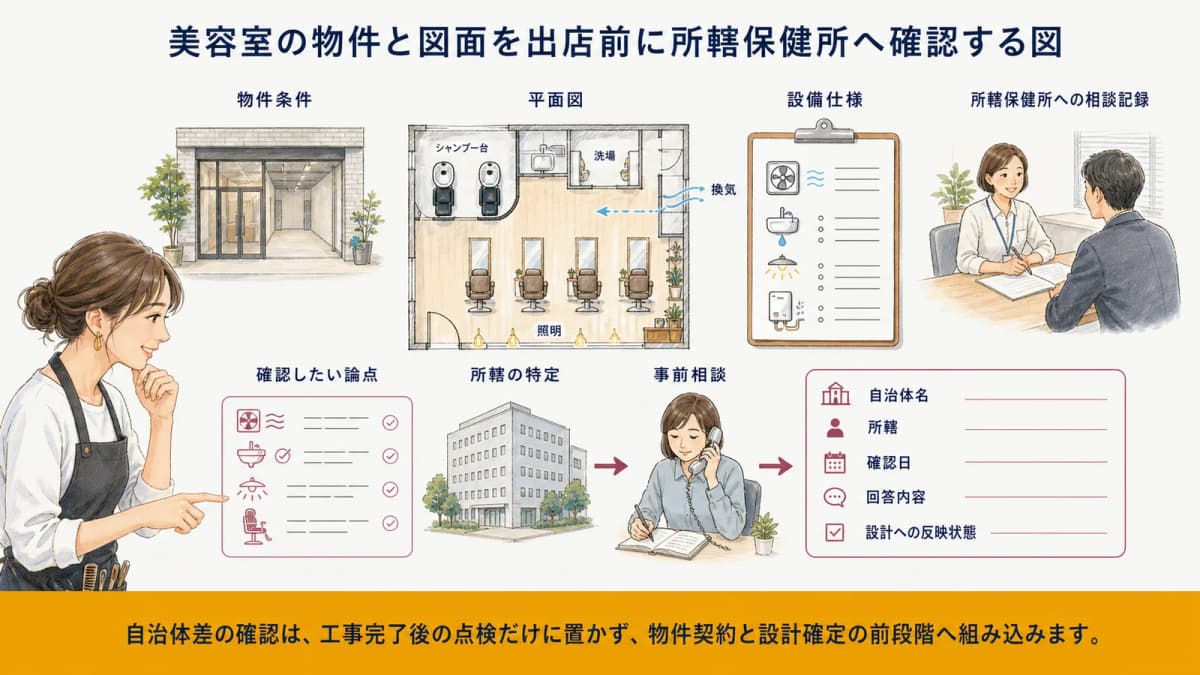 美容室の物件と図面を出店前に所轄保健所へ確認する図