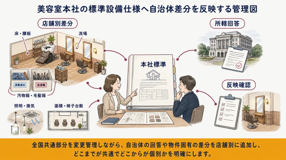 美容室本社の標準設備仕様へ自治体差分を反映する管理図