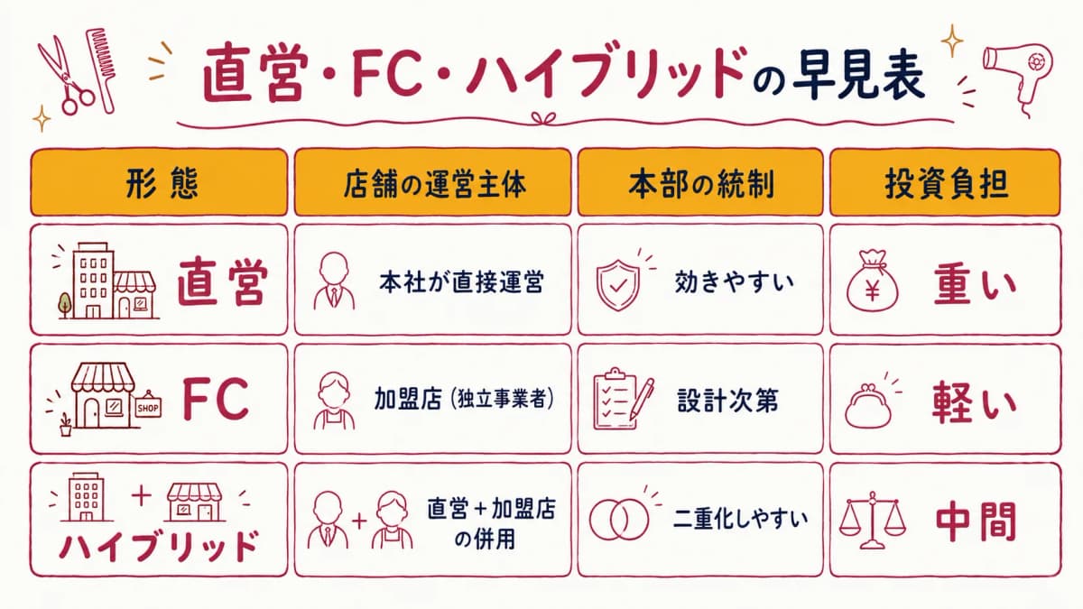 直営・FC・ハイブリッドの定義と本部から見た違いを整理した早見表