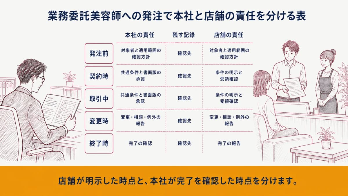 業務委託美容師への発注で本社と店舗の責任を分ける表