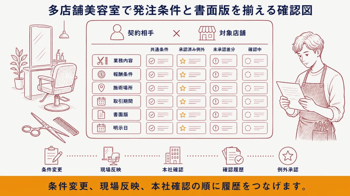多店舗美容室で発注条件と書面版を揃える確認図