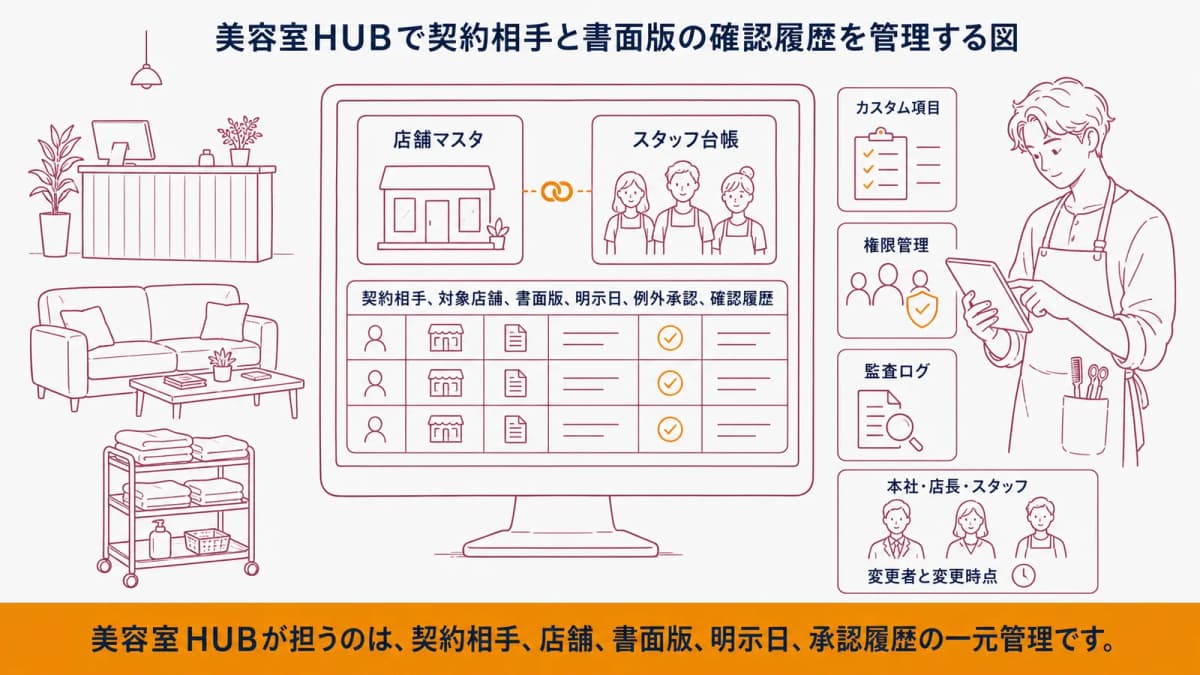 美容室HUBで契約相手と書面版の確認履歴を管理する図