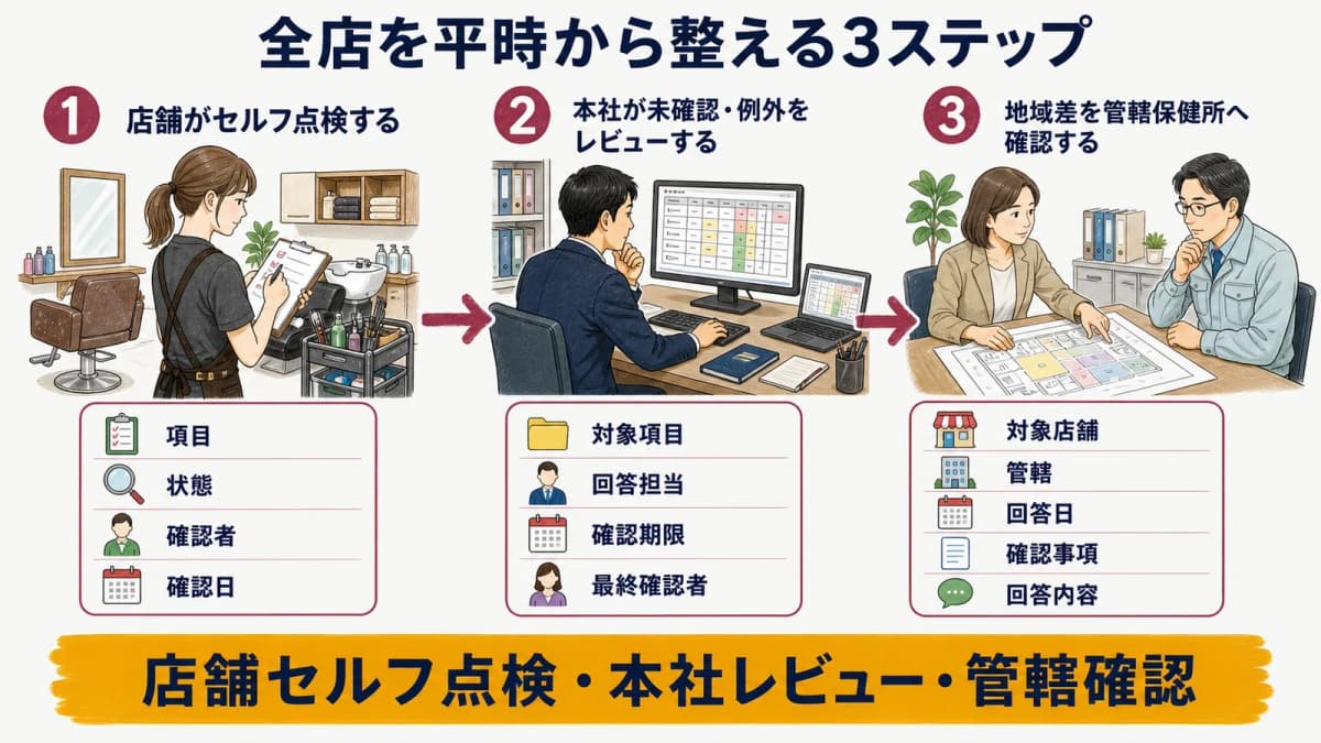 店舗セルフ点検・本社レビュー・管轄確認の3ステップ