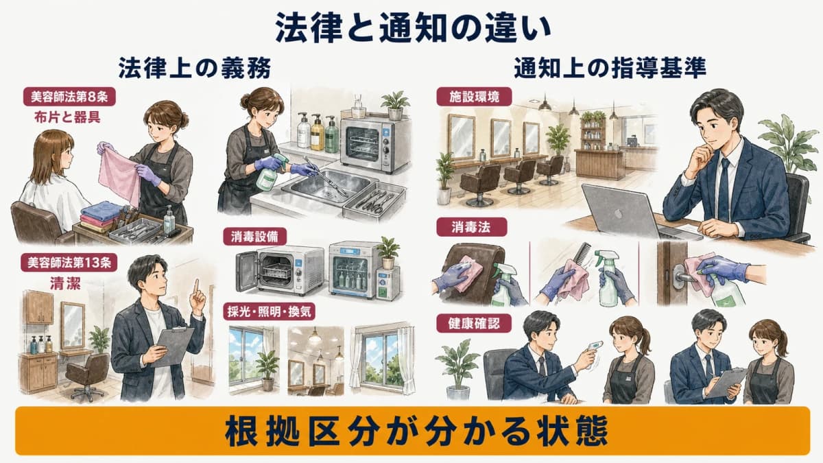 美容師法の義務と衛生管理要領の指導基準を分けた図