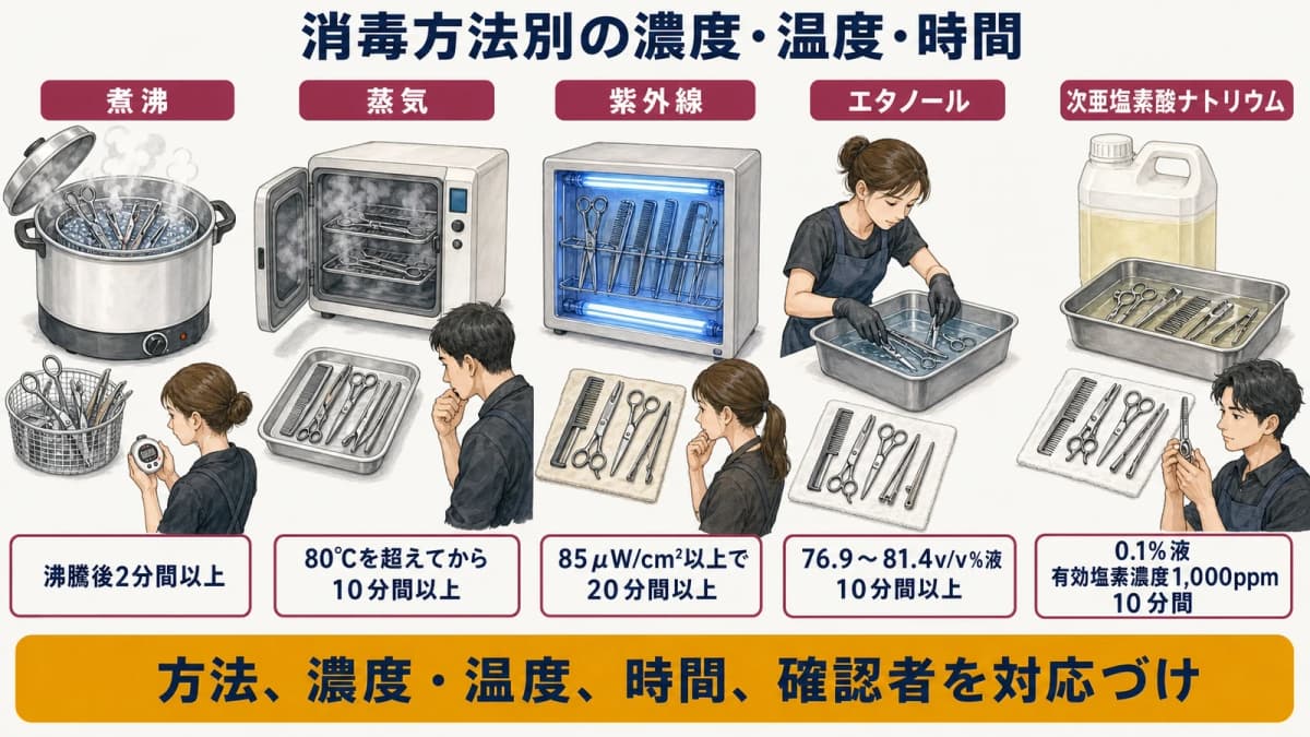 煮沸・蒸気・紫外線・薬液の消毒条件を比較した図