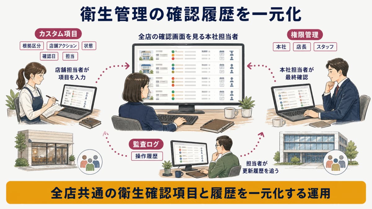 全店の衛生確認項目と操作履歴を一元化する図