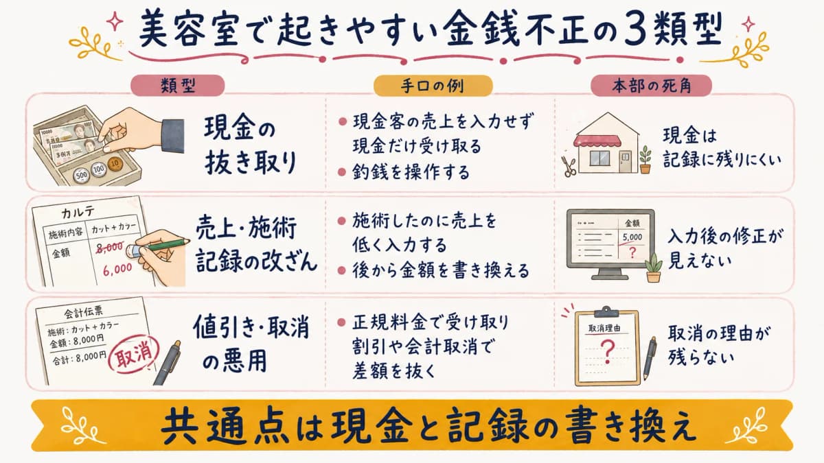 美容室で起きやすい金銭不正の3類型早見表