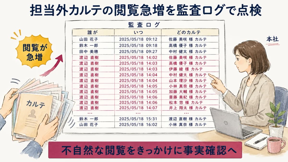 担当外カルテの閲覧急増を監査ログで点検するイメージ