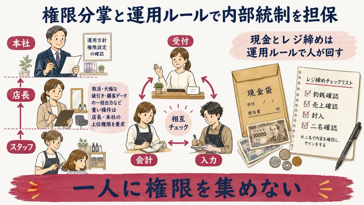 権限分掌と運用ルールで内部統制を担保するイメージ