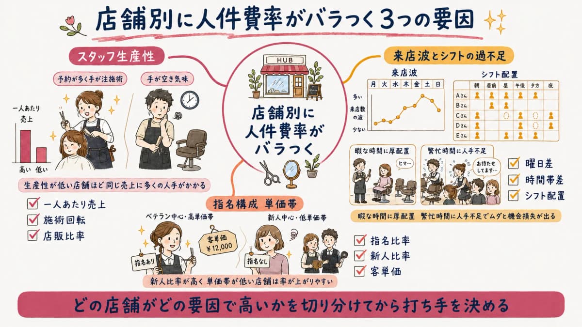 店舗別人件費率がバラつく3要因マップ