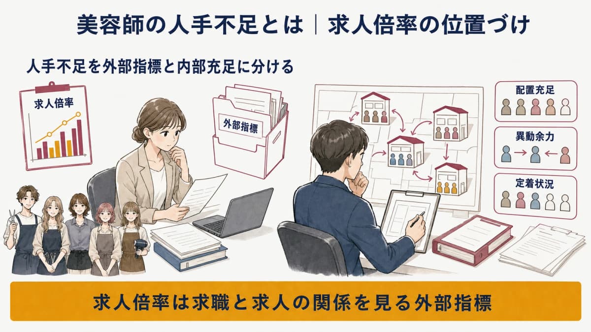 美容師の外部求人倍率と自社の人員状態を分けた図