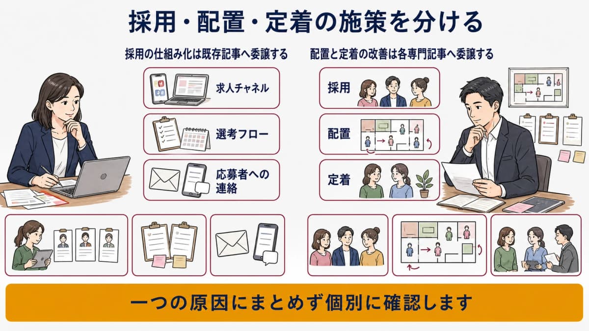 採用・配置・定着の課題を専門施策へ分ける図
