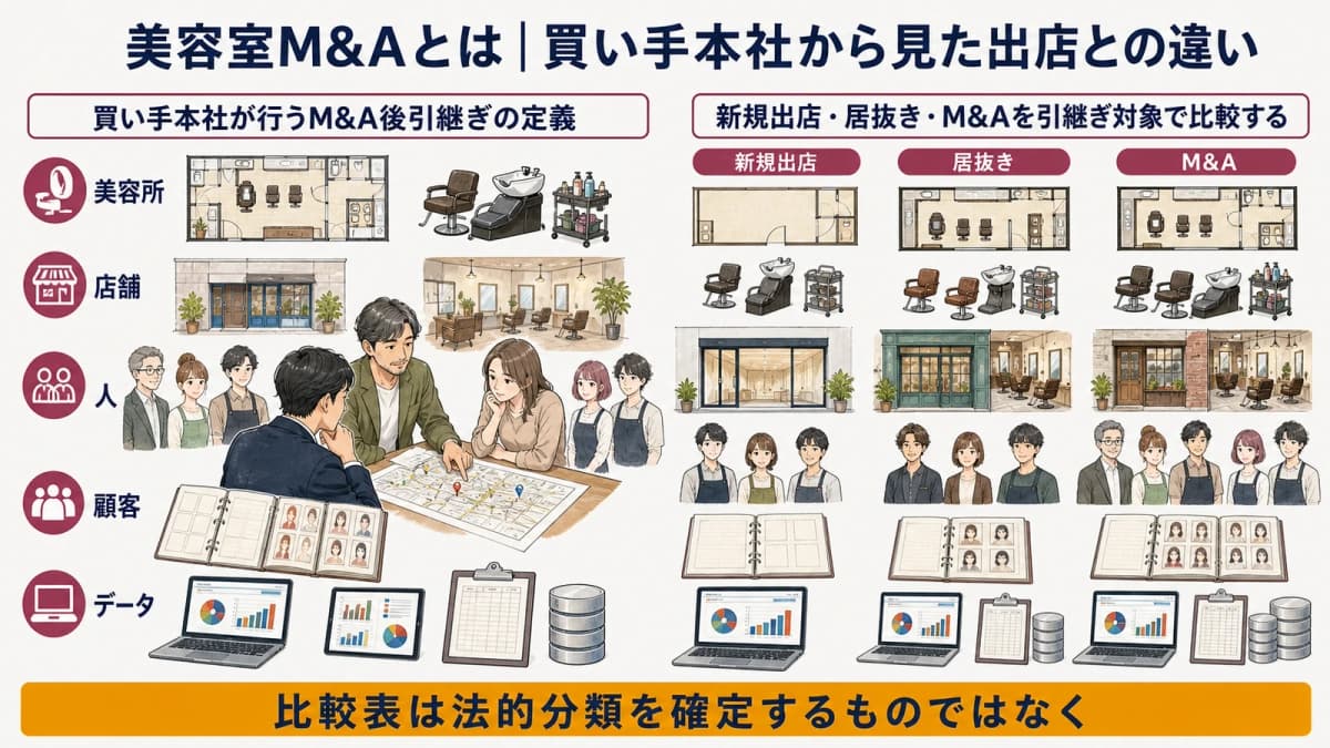 新規出店・居抜き・M&Aの引継ぎ対象を比較した図