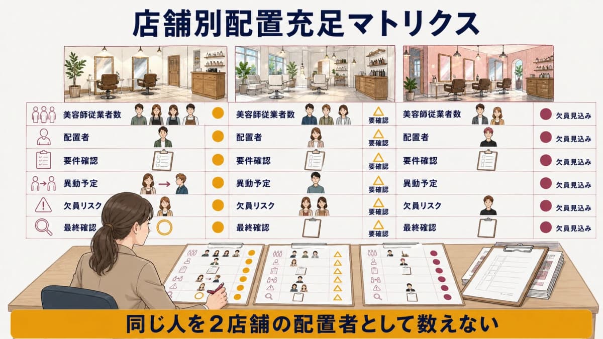 美容所ごとの配置を確認する店舗別充足マトリクス