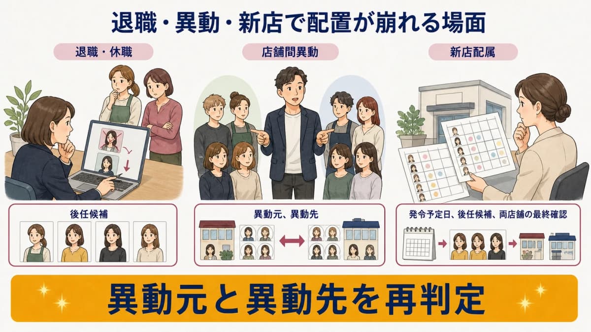 退職・異動・新店の前に配置状態を確認する流れ