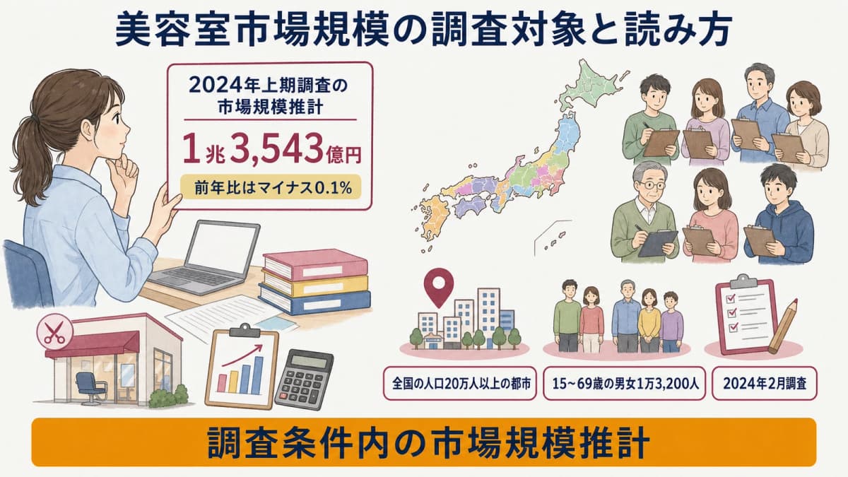 美容室市場規模の推計値と調査対象を整理した図