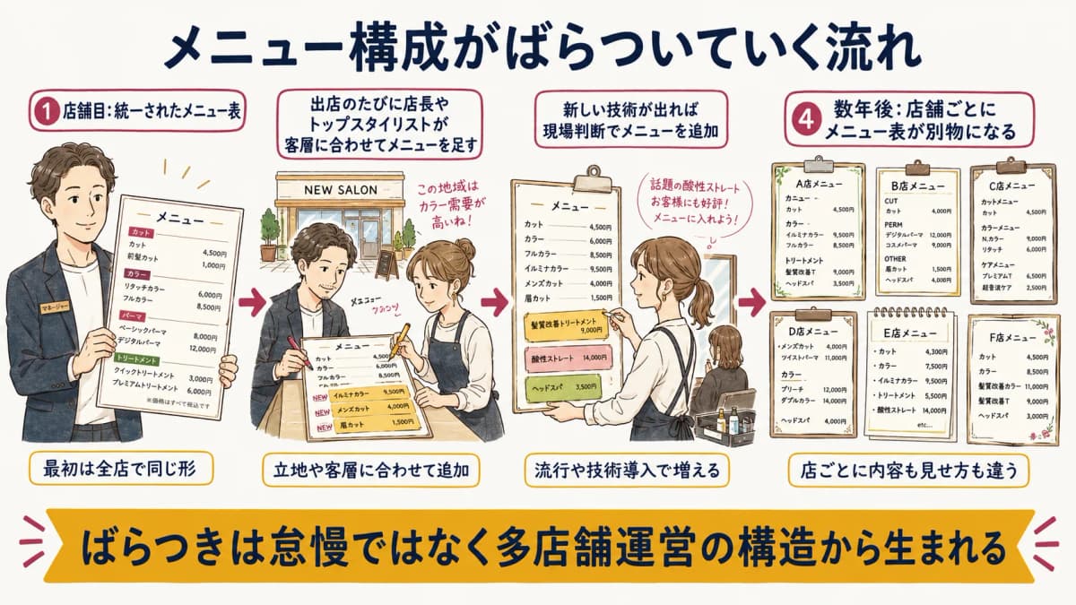 多店舗運営でメニュー構成がばらついていく流れの図解