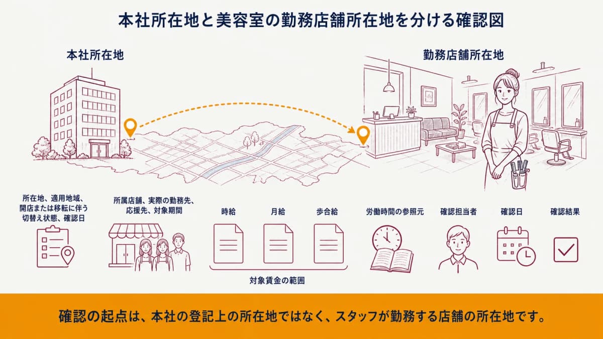 本社所在地と美容室の勤務店舗所在地を分ける確認図