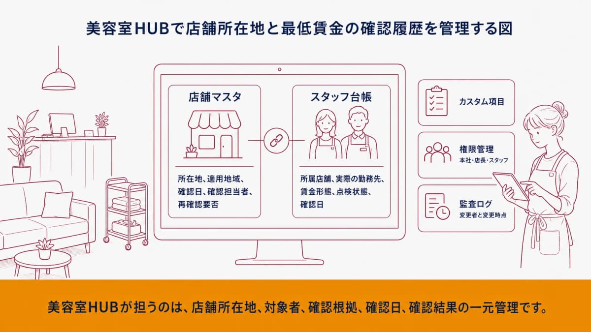 美容室HUBで店舗所在地と最低賃金の確認履歴を管理する図